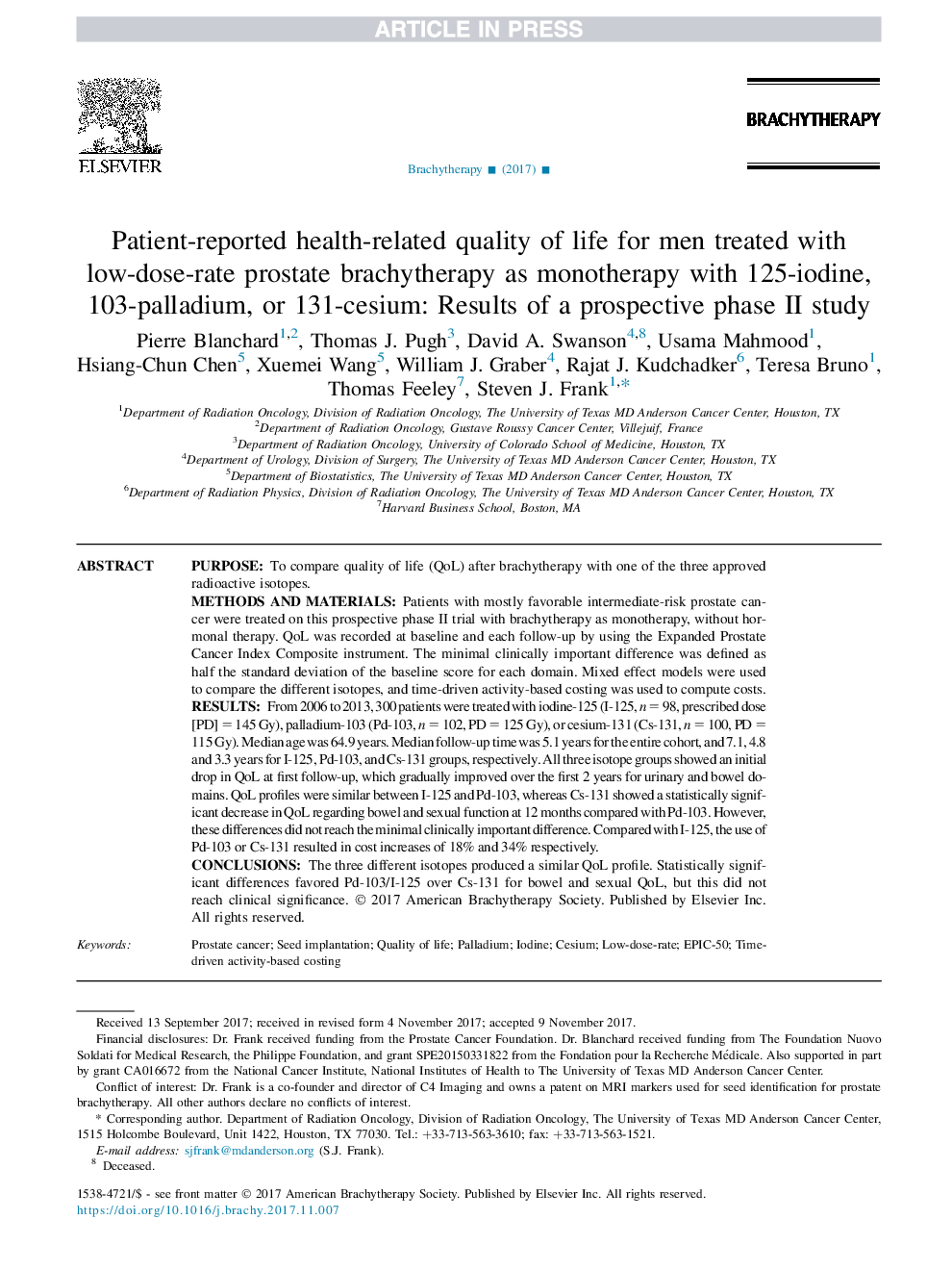 Patient-reported health-related quality of life for men treated with low-dose-rate prostate brachytherapy as monotherapy with 125-iodine, 103-palladium, or 131-cesium: Results of a prospective phase II study