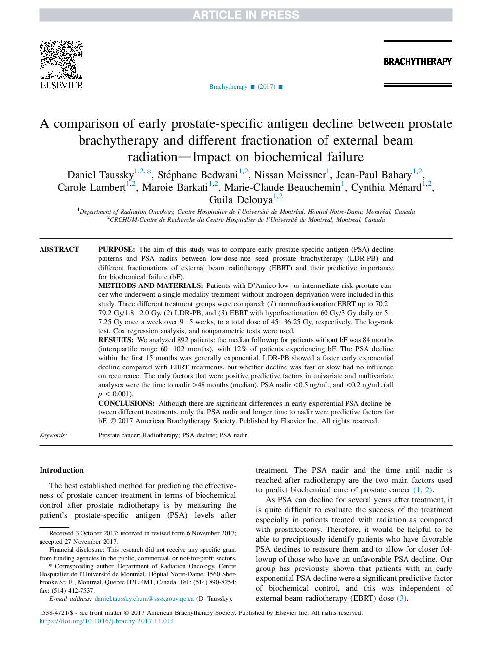 مقایسه مقادیر اولیه آنتیژن پروستات خاص بین پروتئین براکیتریپیک و تقسیم بندی متفاوت پرتوهای خارجی - تاثیر بر شکست بیوشیمیایی 