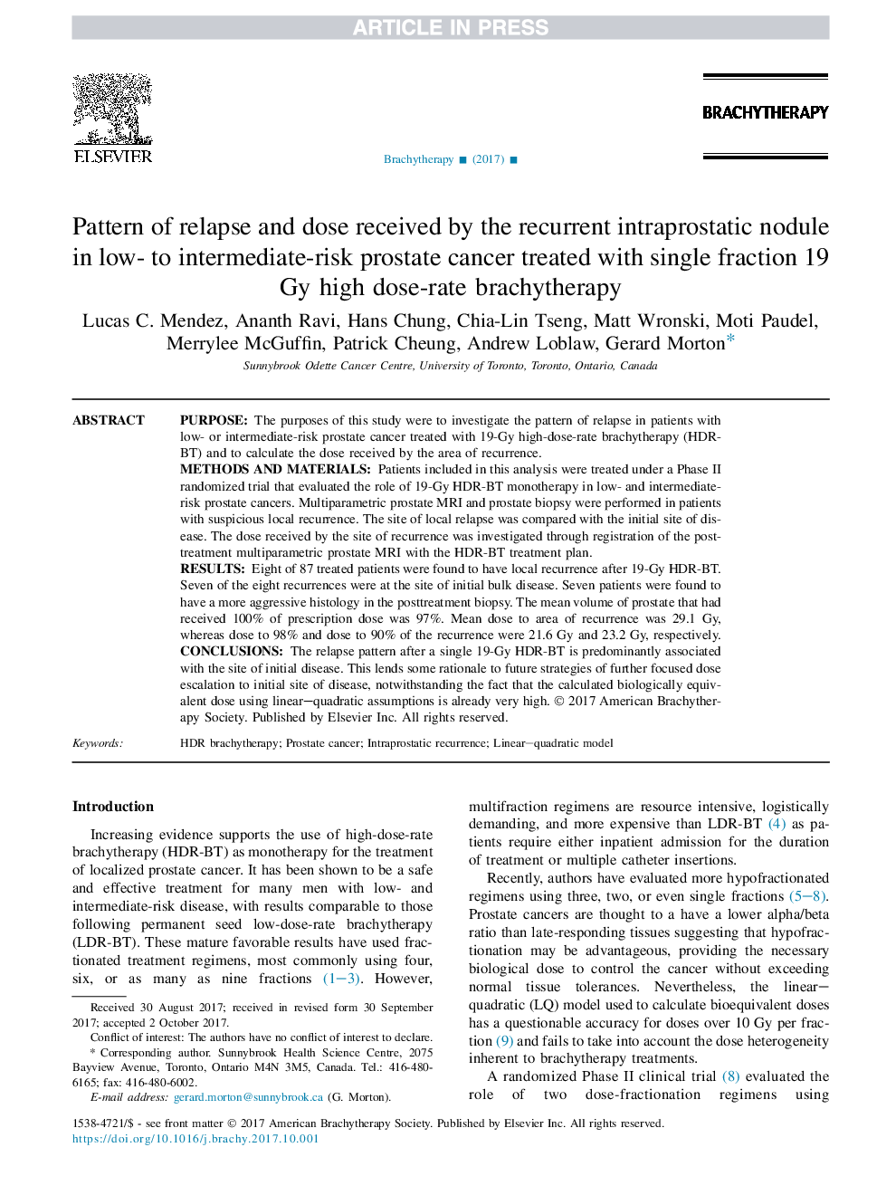 Pattern of relapse and dose received by the recurrent intraprostatic nodule in low- to intermediate-risk prostate cancer treated with single fraction 19Â Gy high-dose-rate brachytherapy