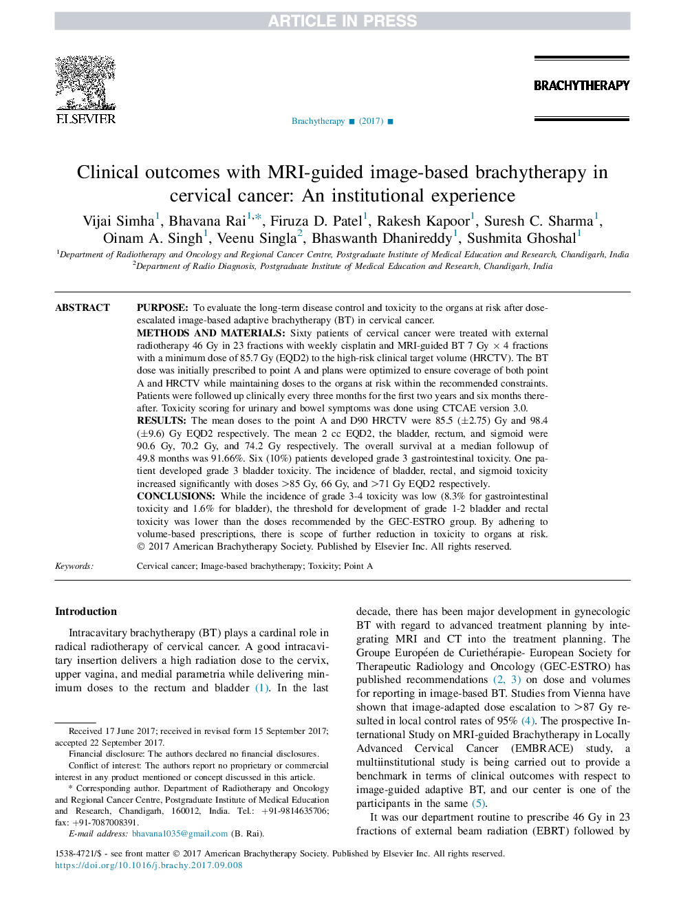 Clinical outcomes with MRI-guided image-based brachytherapy in cervical cancer: An institutional experience