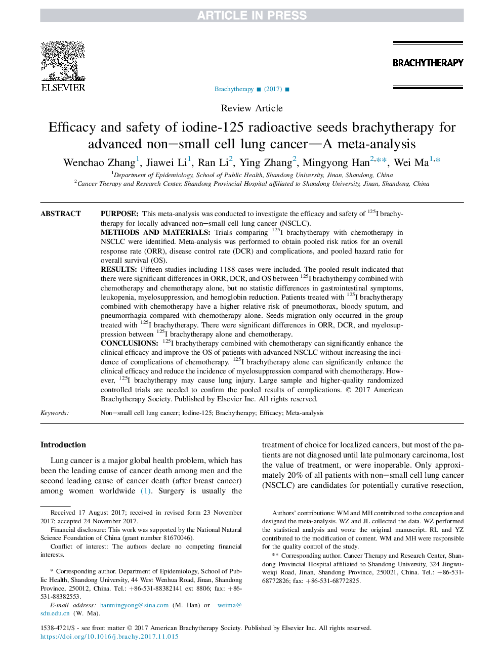 Efficacy and safety of iodine-125 radioactive seeds brachytherapy for advanced non-small cell lung cancer-A meta-analysis