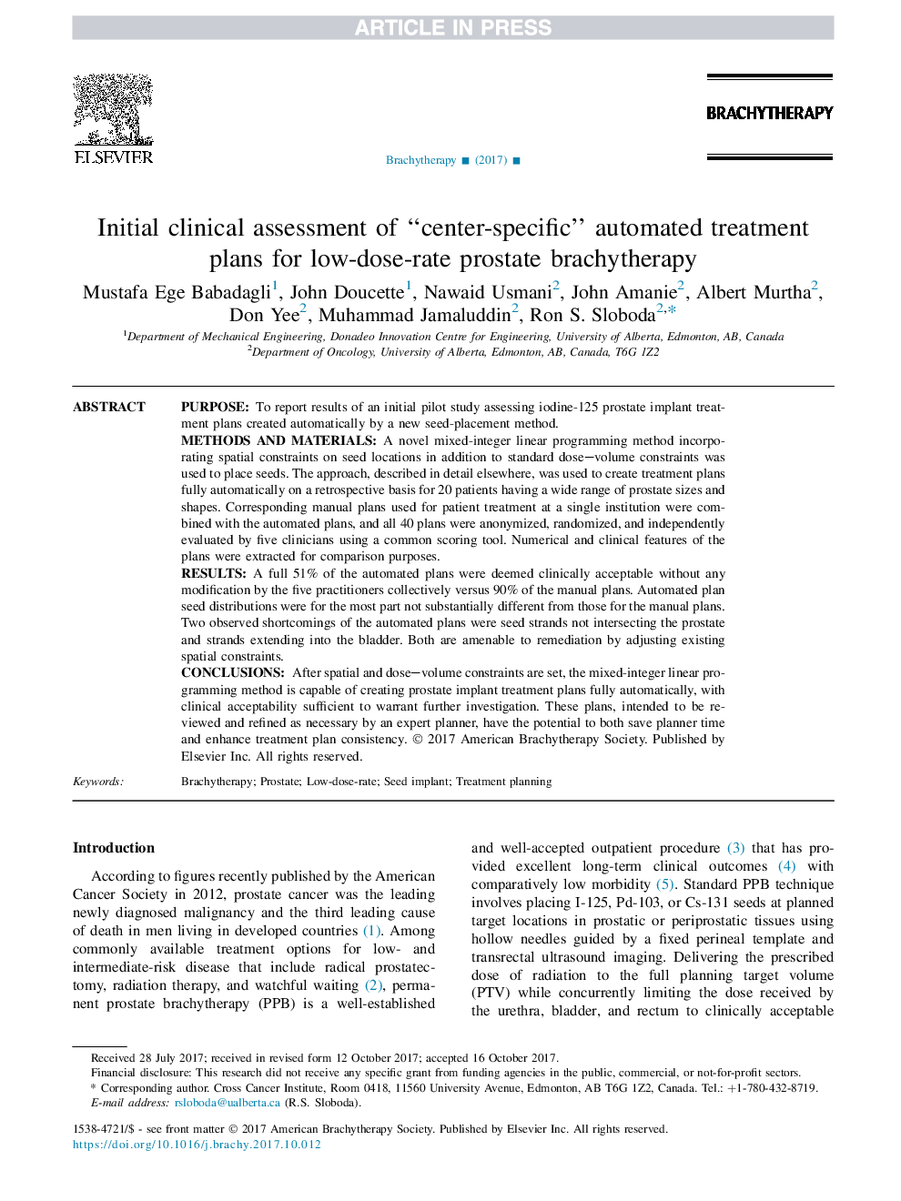 ارزیابی بالینی اولیه از مرکز خاص؟ برنامه های درمان خودکار برای برویتراپی پروستات با دوز کم 