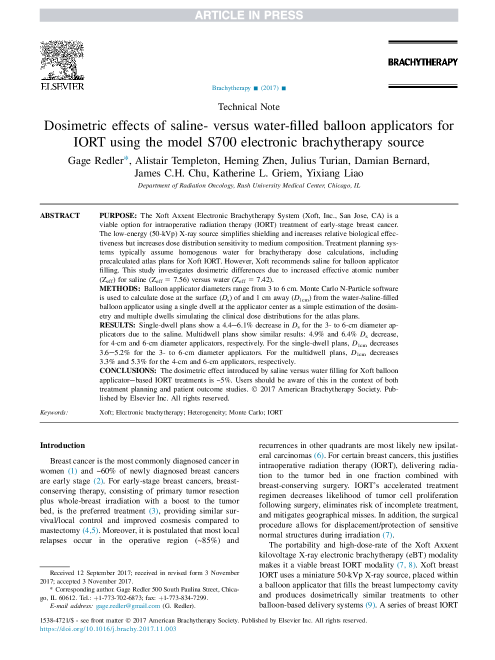 Dosimetric effects of saline- versus water-filled balloon applicators for IORT using the model S700 electronic brachytherapy source