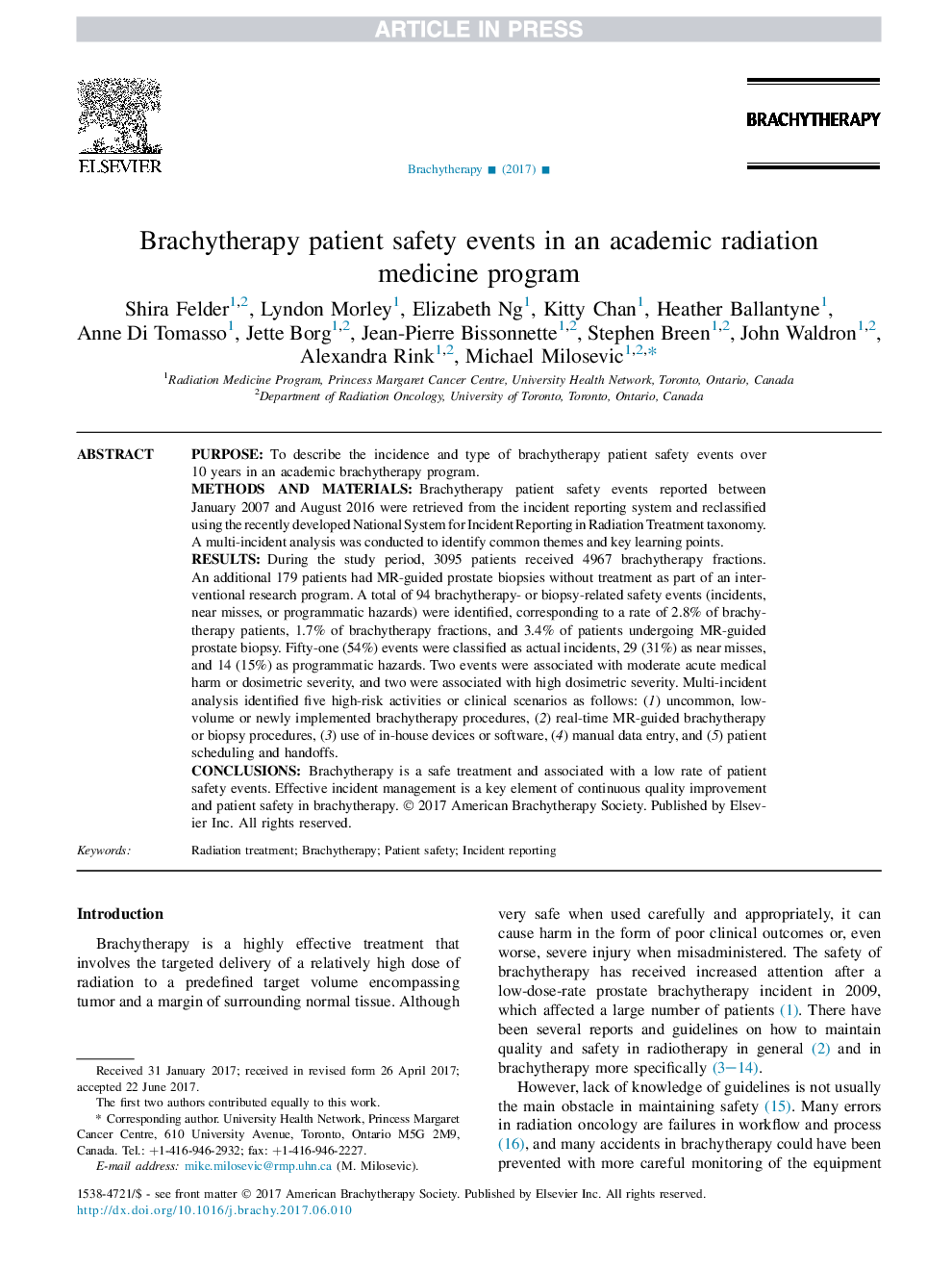 Brachytherapy patient safety events in an academic radiation medicineÂ program