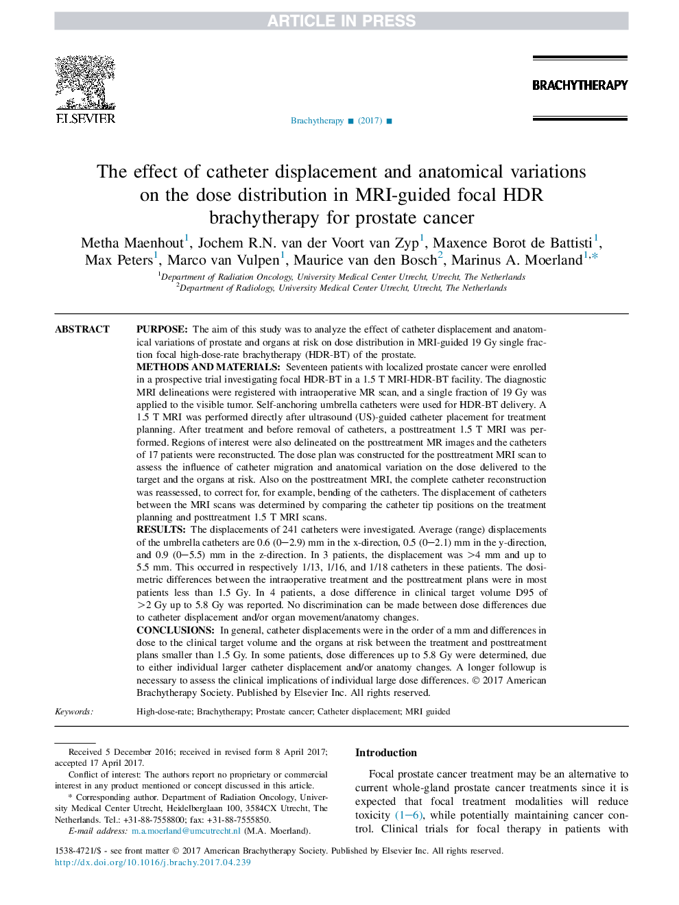 The effect of catheter displacement and anatomical variations on the dose distribution in MRI-guided focal HDR brachytherapy for prostate cancer