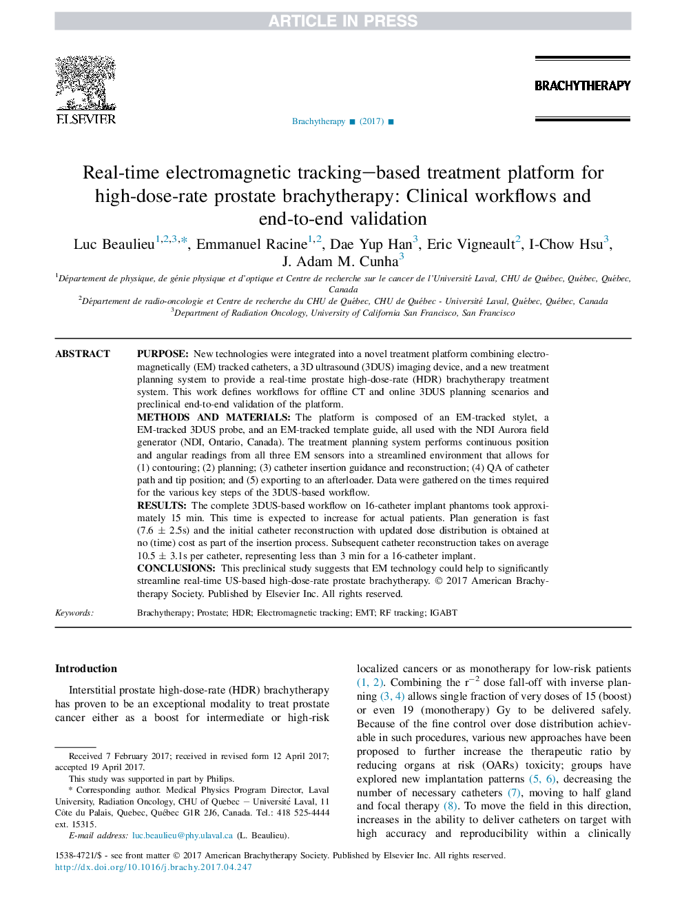 پلت فرم درمان مبتنی بر پیگیری الکترومغناطیسی در زمان واقعی برای برویتراپی پروستات با دوز بالا: گردش کار بالینی و اعتبار سنجی پایان دادن به پایان 