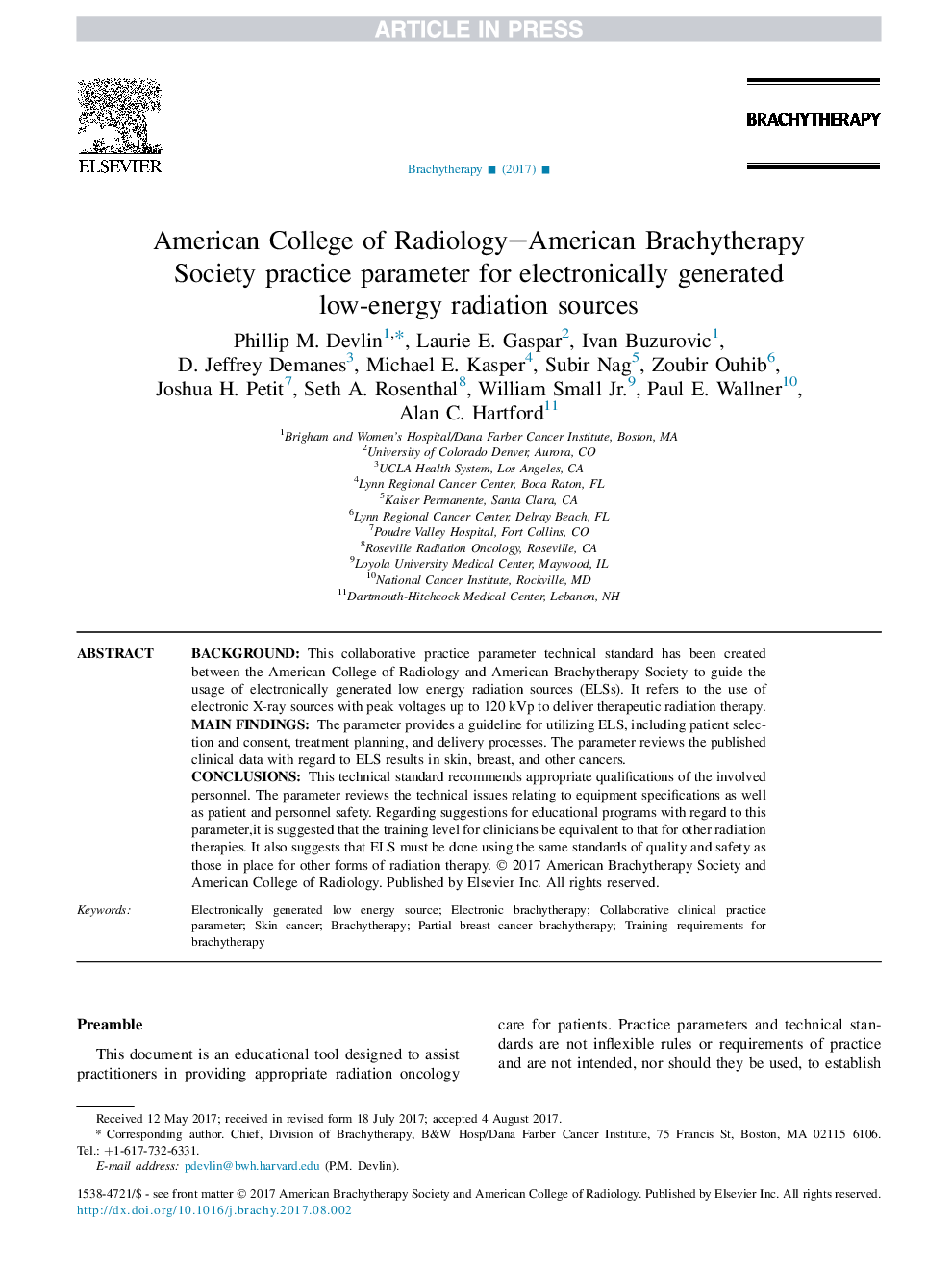 American College of Radiology-American Brachytherapy Society practice parameter for electronically generated low-energy radiation sources