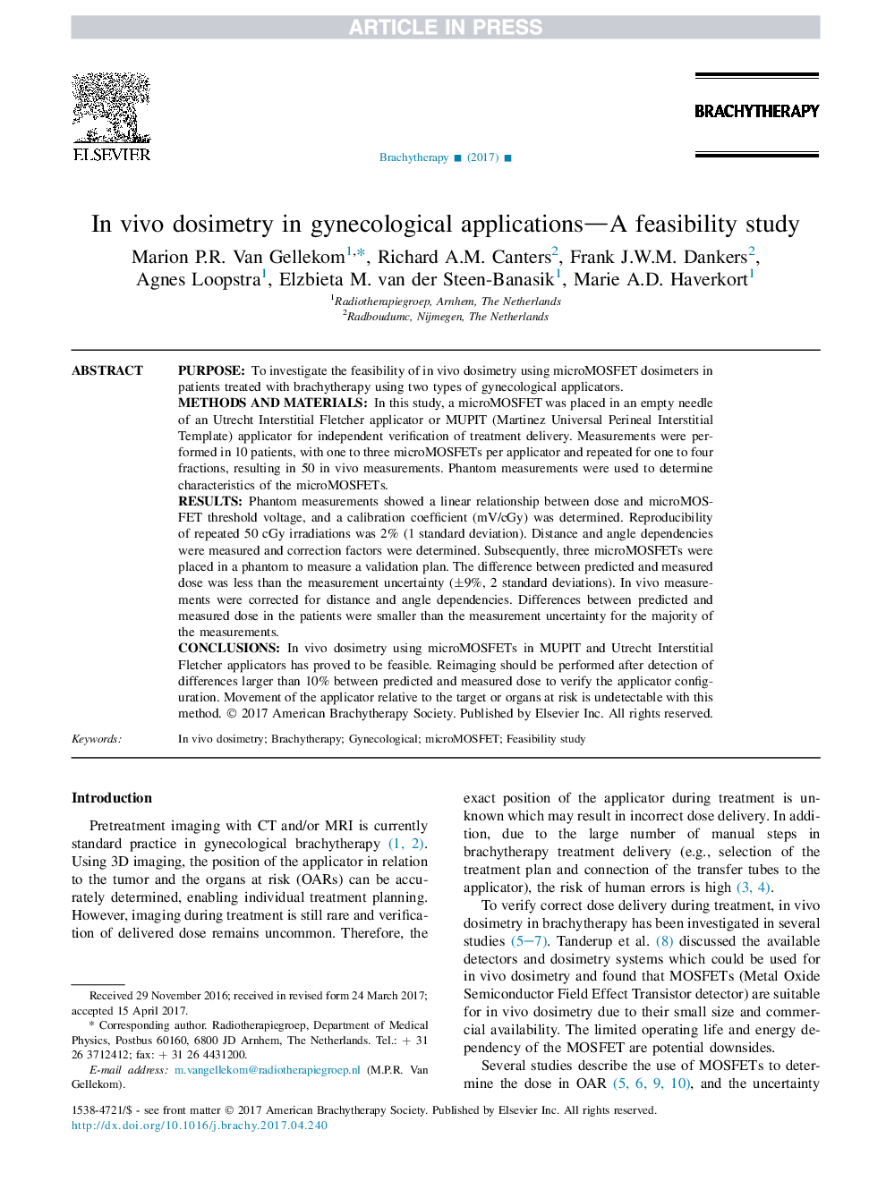 InÂ vivo dosimetry in gynecological applications-A feasibility study