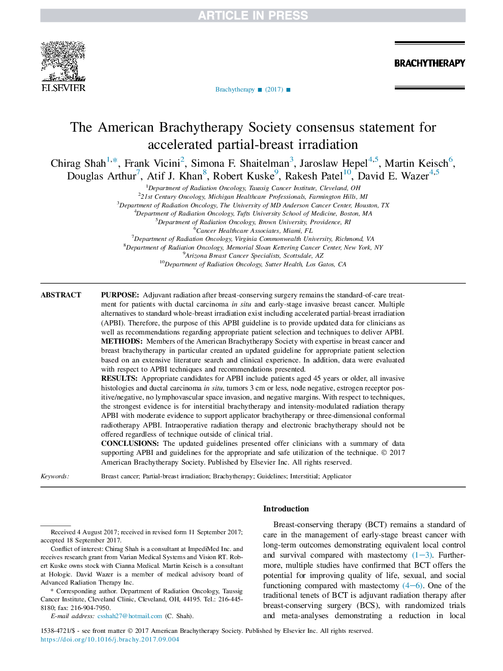 The American Brachytherapy Society consensus statement for accelerated partial-breast irradiation