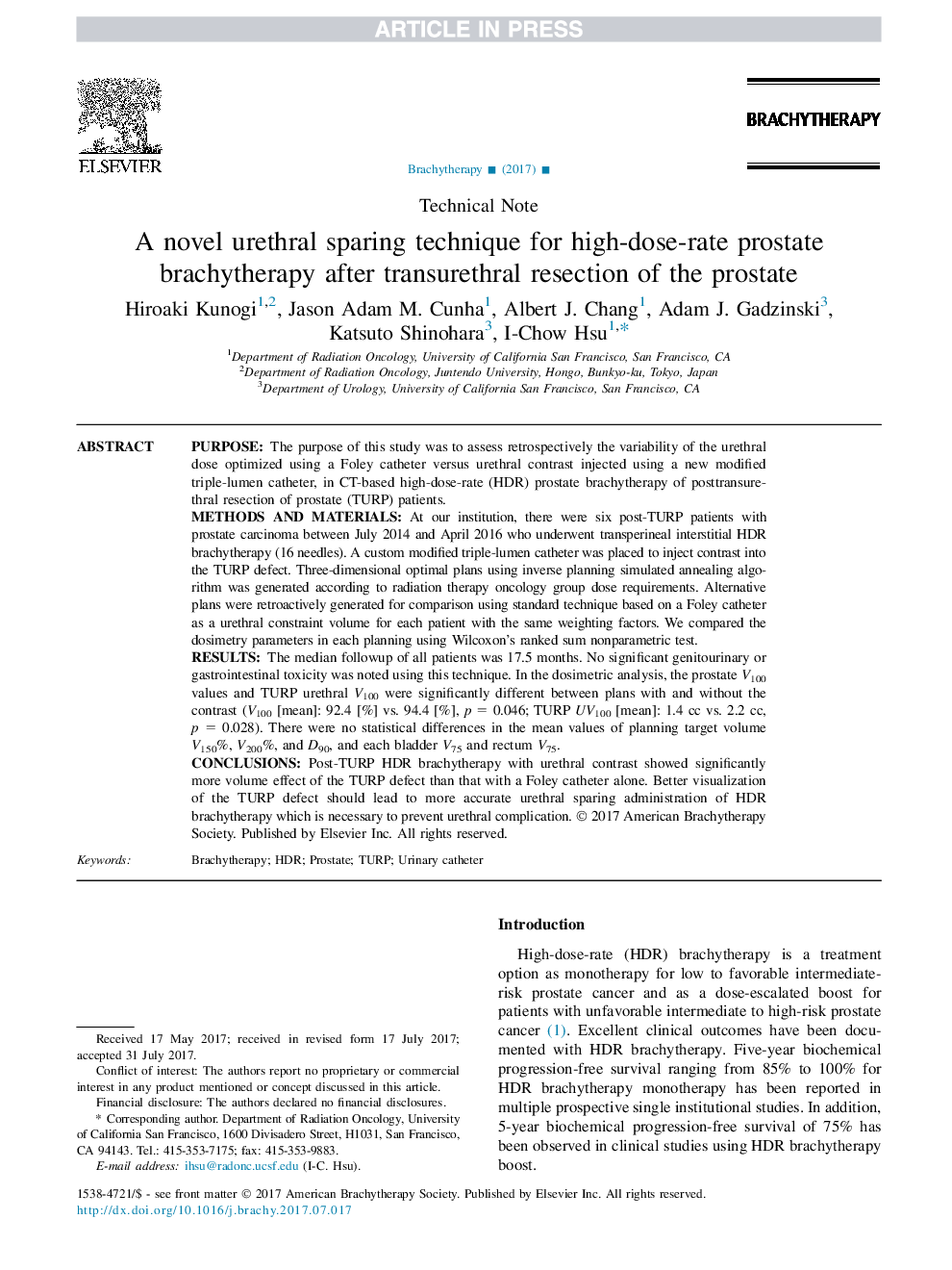 یک روش پیشگیرانه پیشابرای برای برویتراپی پروستات با دوزهای بالا پس از برداشتن ترشحات پروستات 