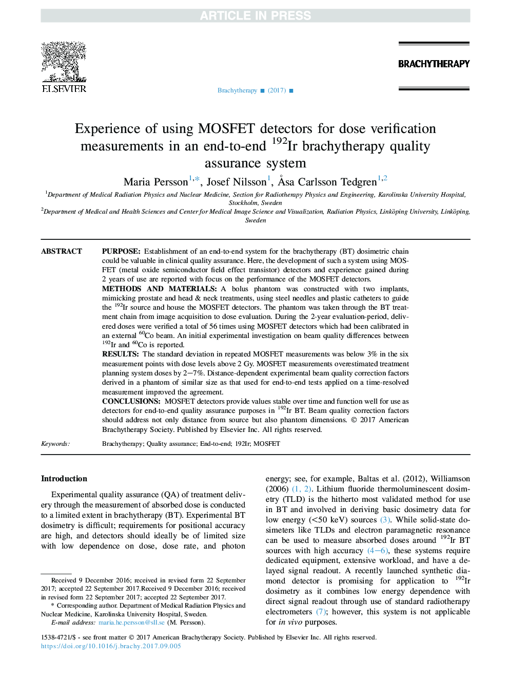 Experience of using MOSFET detectors for dose verification measurements in an end-to-end 192Ir brachytherapy quality assurance system