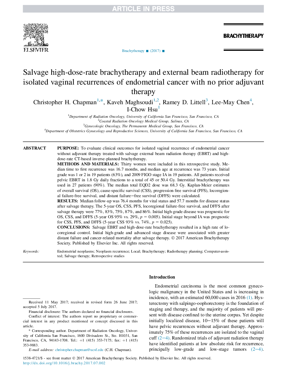 Salvage high-dose-rate brachytherapy and external beam radiotherapy for isolated vaginal recurrences of endometrial cancer with no prior adjuvant therapy