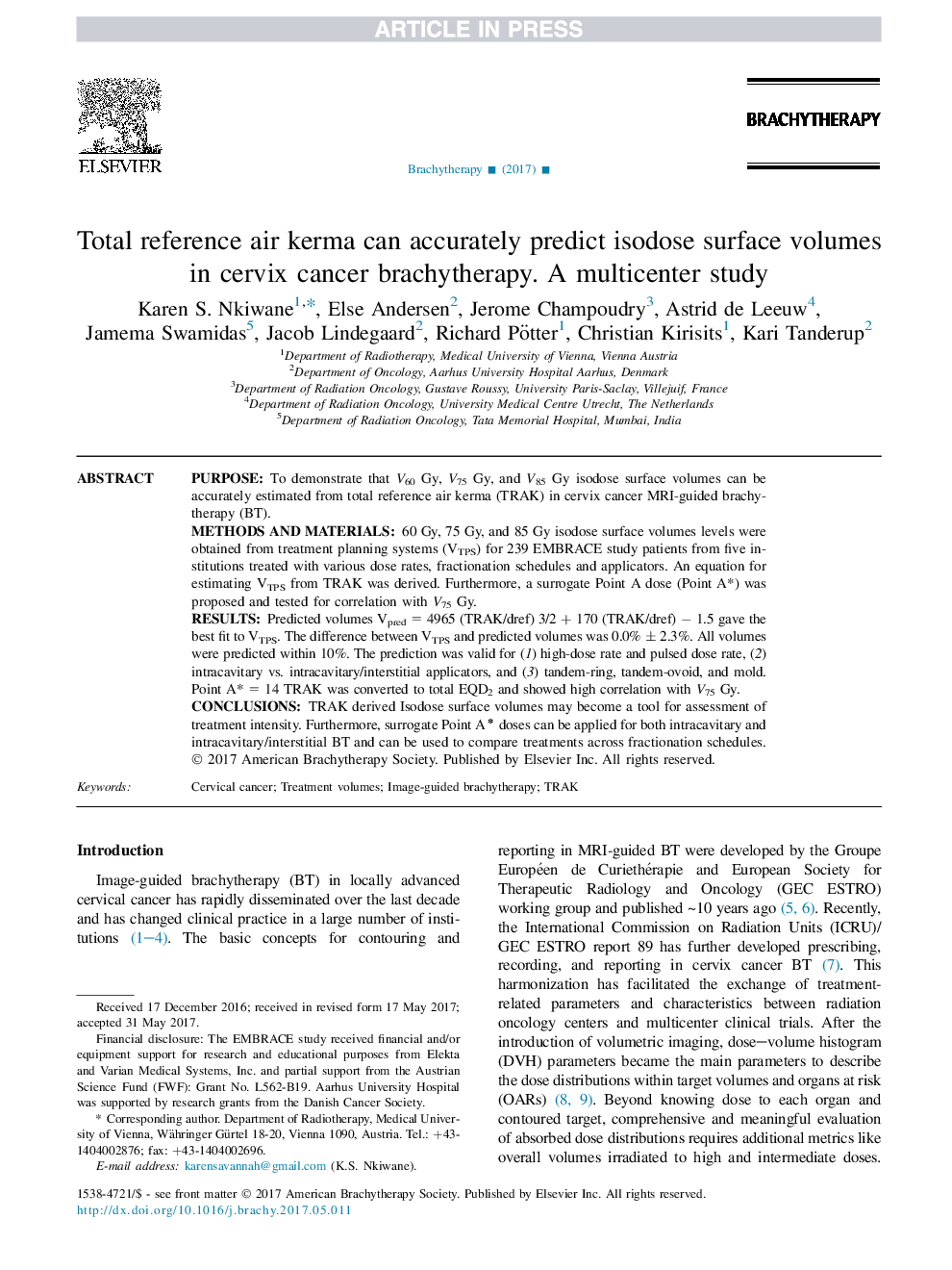 Total reference air kerma can accurately predict isodose surface volumes in cervix cancer brachytherapy. A multicenter study