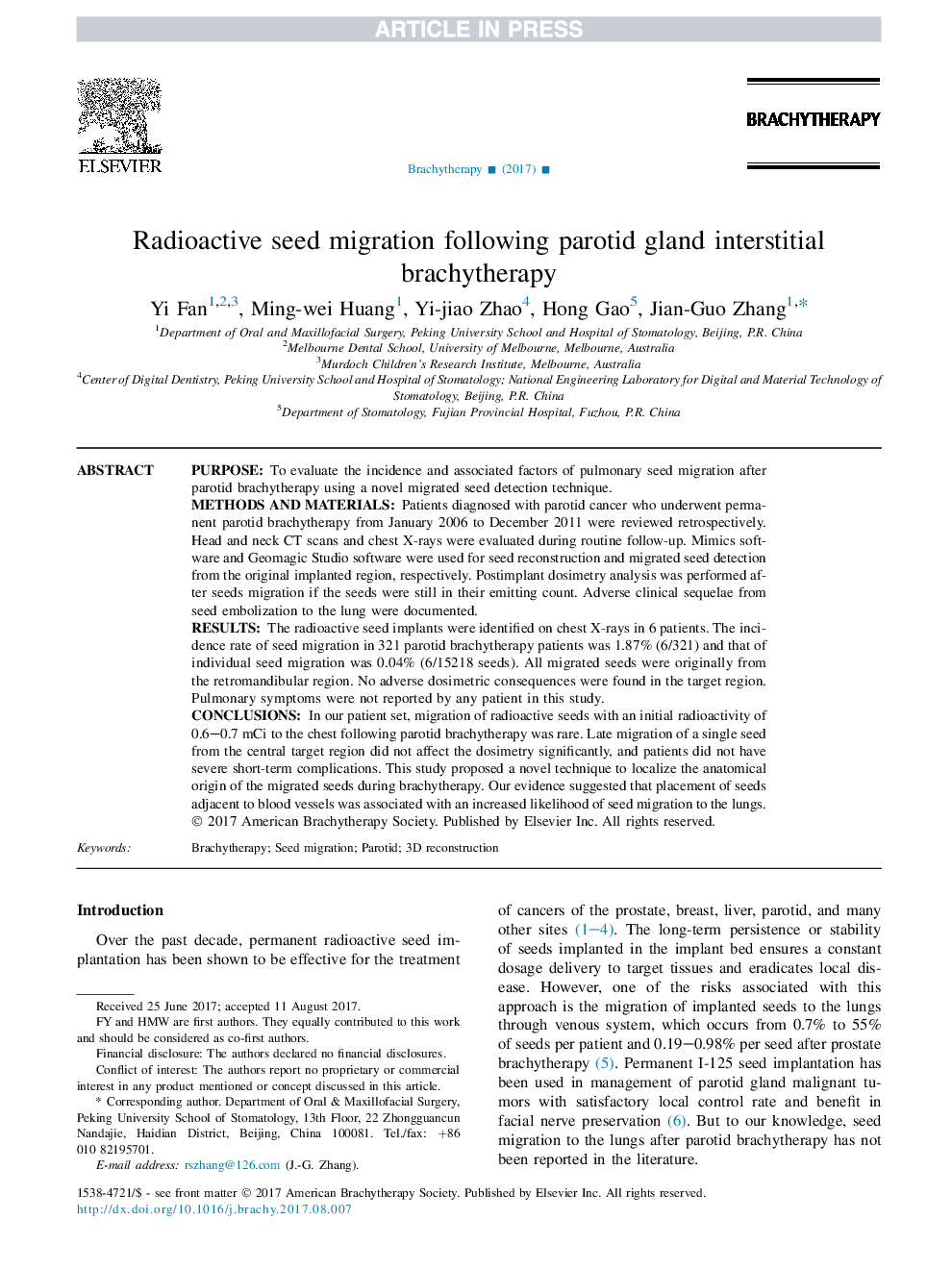 مهاجرت بذر رادیواکتیو به وسیله برشیوتراپی بینابینی غده پاروتید 