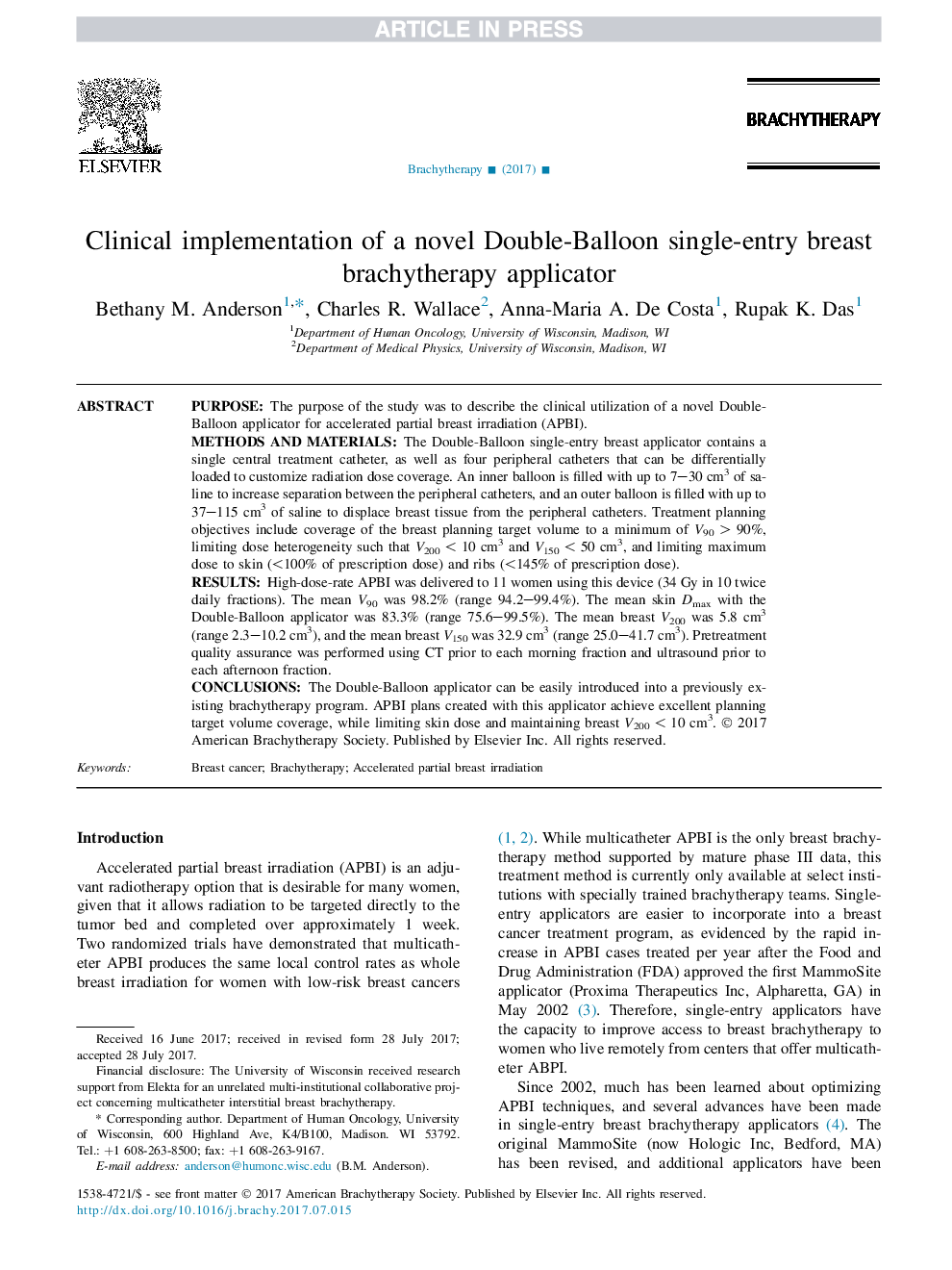 پیگیری بالینی یک اپلیکاتور برشیتراپی پستان دو طرفه بالغ تک نفره 