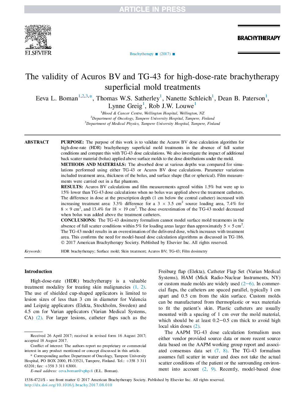 The validity of Acuros BV and TG-43 for high-dose-rate brachytherapy superficial mold treatments