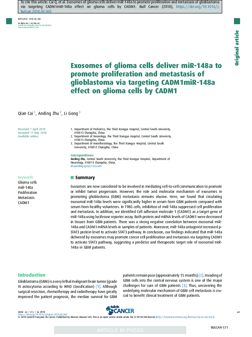 Exosomes of glioma cells deliver miR-148a to promote proliferation and metastasis of glioblastoma via targeting CADM1