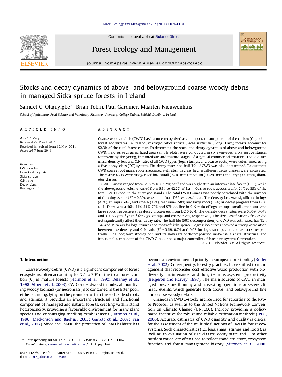 Stocks and decay dynamics of above- and belowground coarse woody debris in managed Sitka spruce forests in Ireland