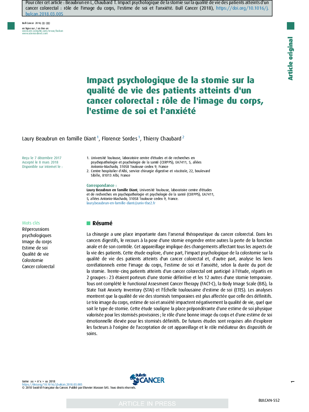 Impact psychologique de la stomie sur la qualité de vie des patients atteints d'un cancer colorectalÂ : rÃ´le de l'image du corps, l'estime de soi et l'anxiété