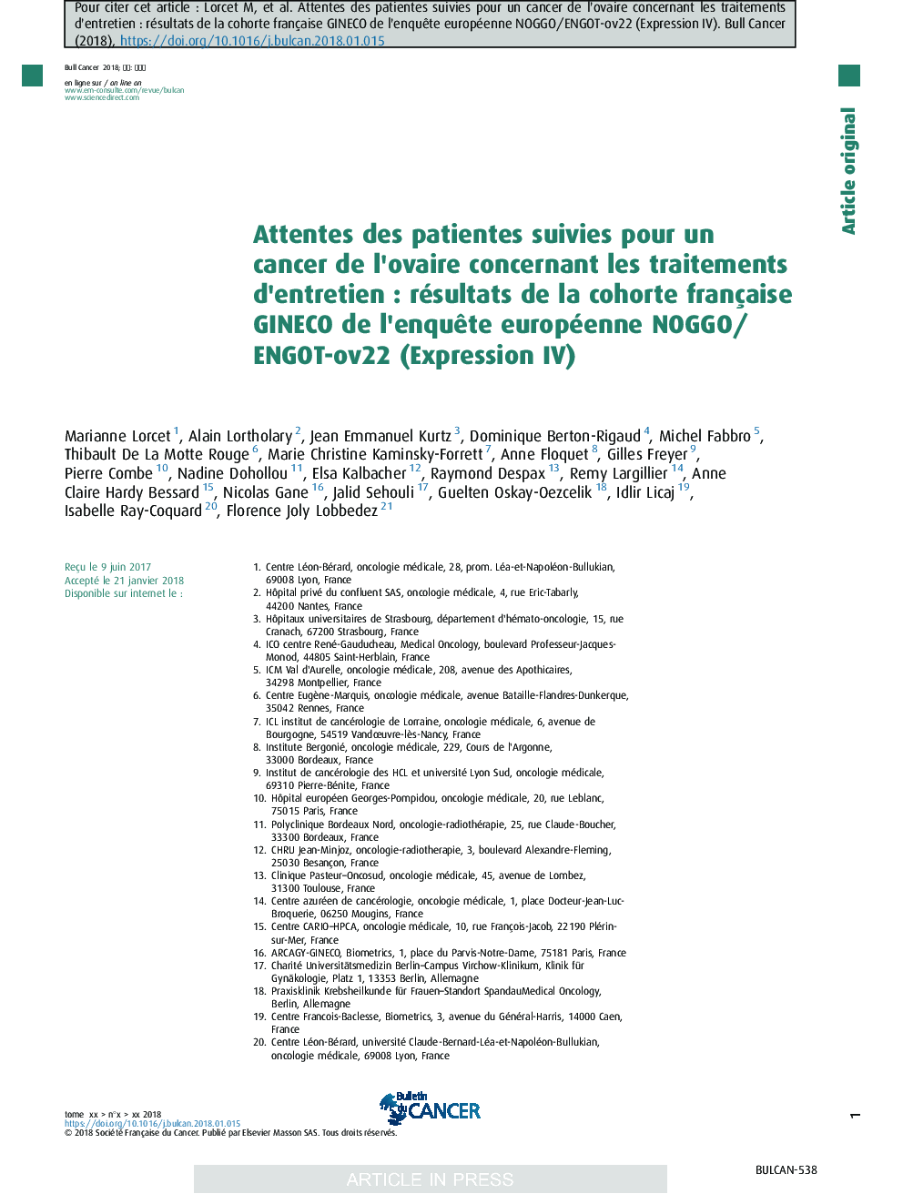 Attentes des patientes suivies pour un cancer de l'ovaire concernant les traitements d'entretienÂ : résultats de la cohorte française GINECO de l'enquÃªte européenne NOGGO/ENGOT-ov22 (Expression IV)