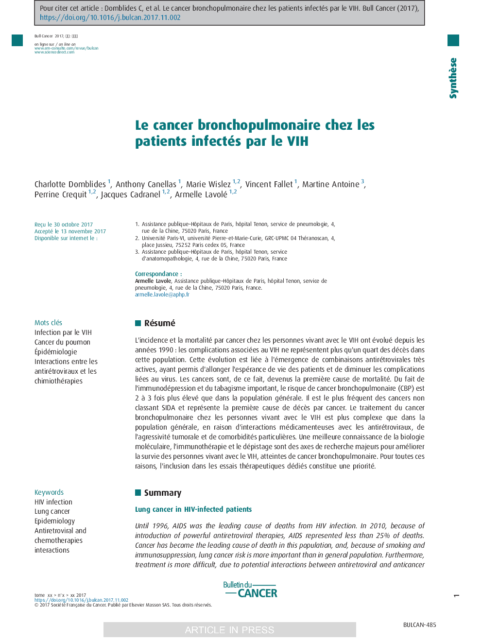 Le cancer bronchopulmonaire chez les patients infectés par le VIH