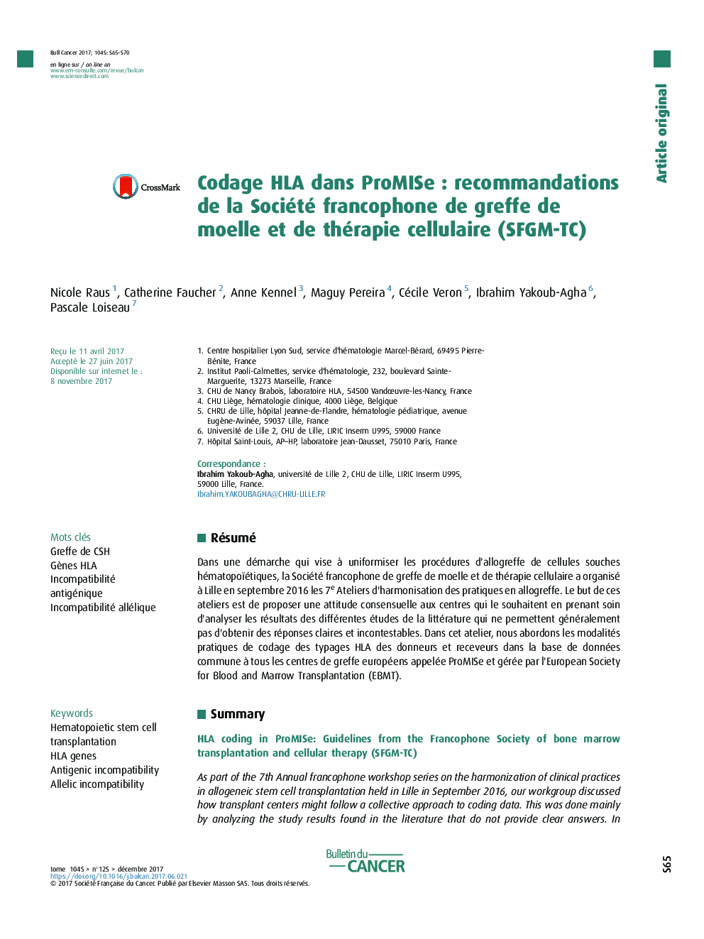Codage HLA dans ProMISeÂ : recommandations de la Société francophone de greffe de moelle et de thérapie cellulaire (SFGM-TC)