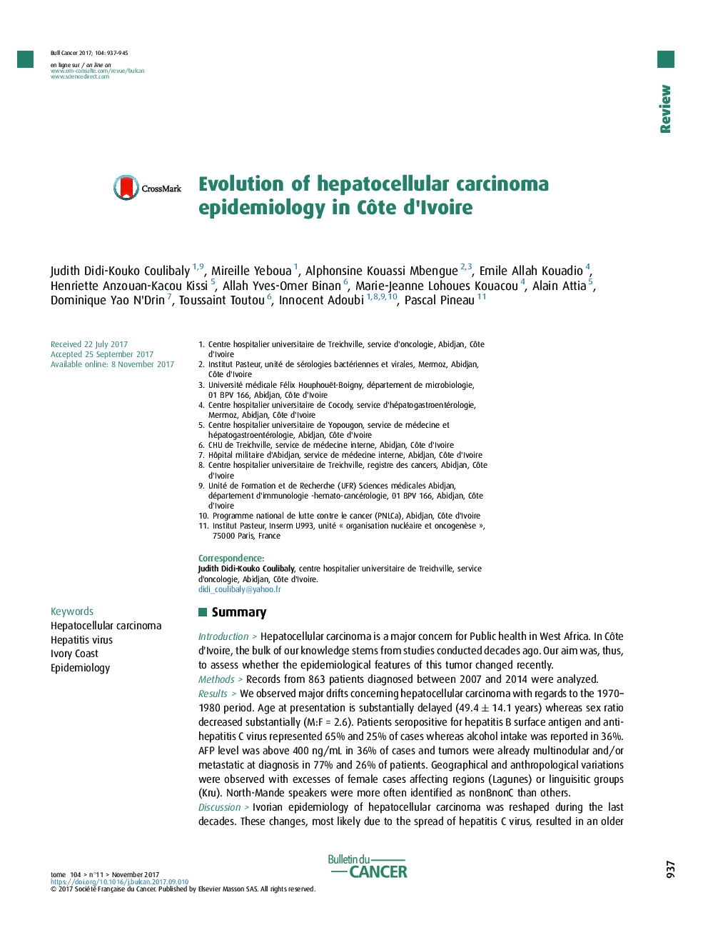 Evolution of hepatocellular carcinoma epidemiology in CÃ´te d'Ivoire