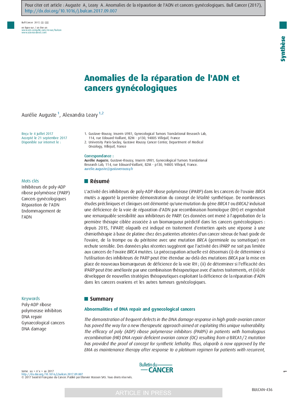 Anomalies de la réparation de l'ADN et cancers gynécologiques