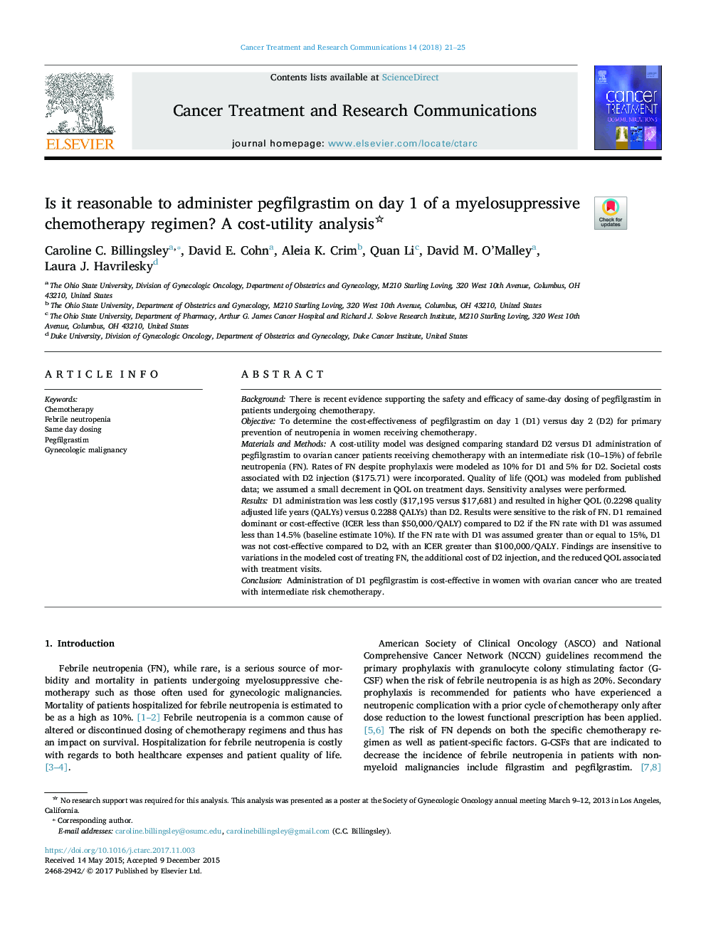 Is it reasonable to administer pegfilgrastim on day 1 of a myelosuppressive chemotherapy regimen? A cost-utility analysis