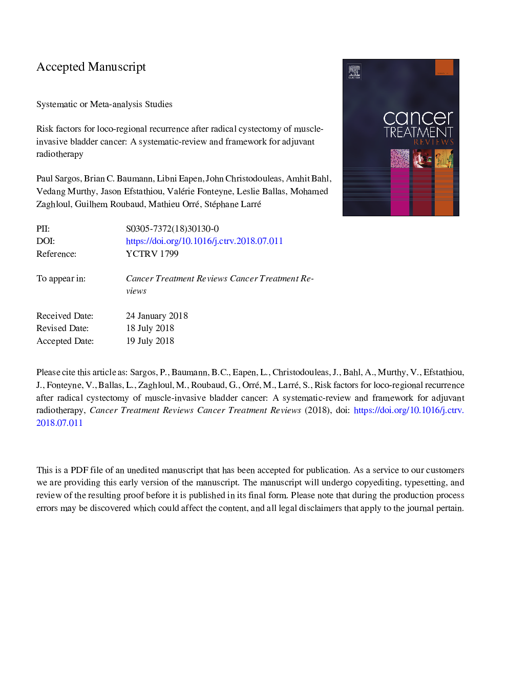 Risk factors for loco-regional recurrence after radical cystectomy of muscle-invasive bladder cancer: A systematic-review and framework for adjuvant radiotherapy