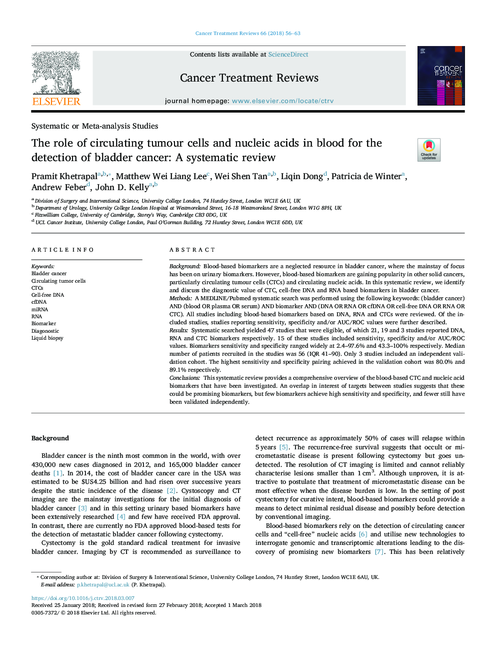 The role of circulating tumour cells and nucleic acids in blood for the detection of bladder cancer: A systematic review