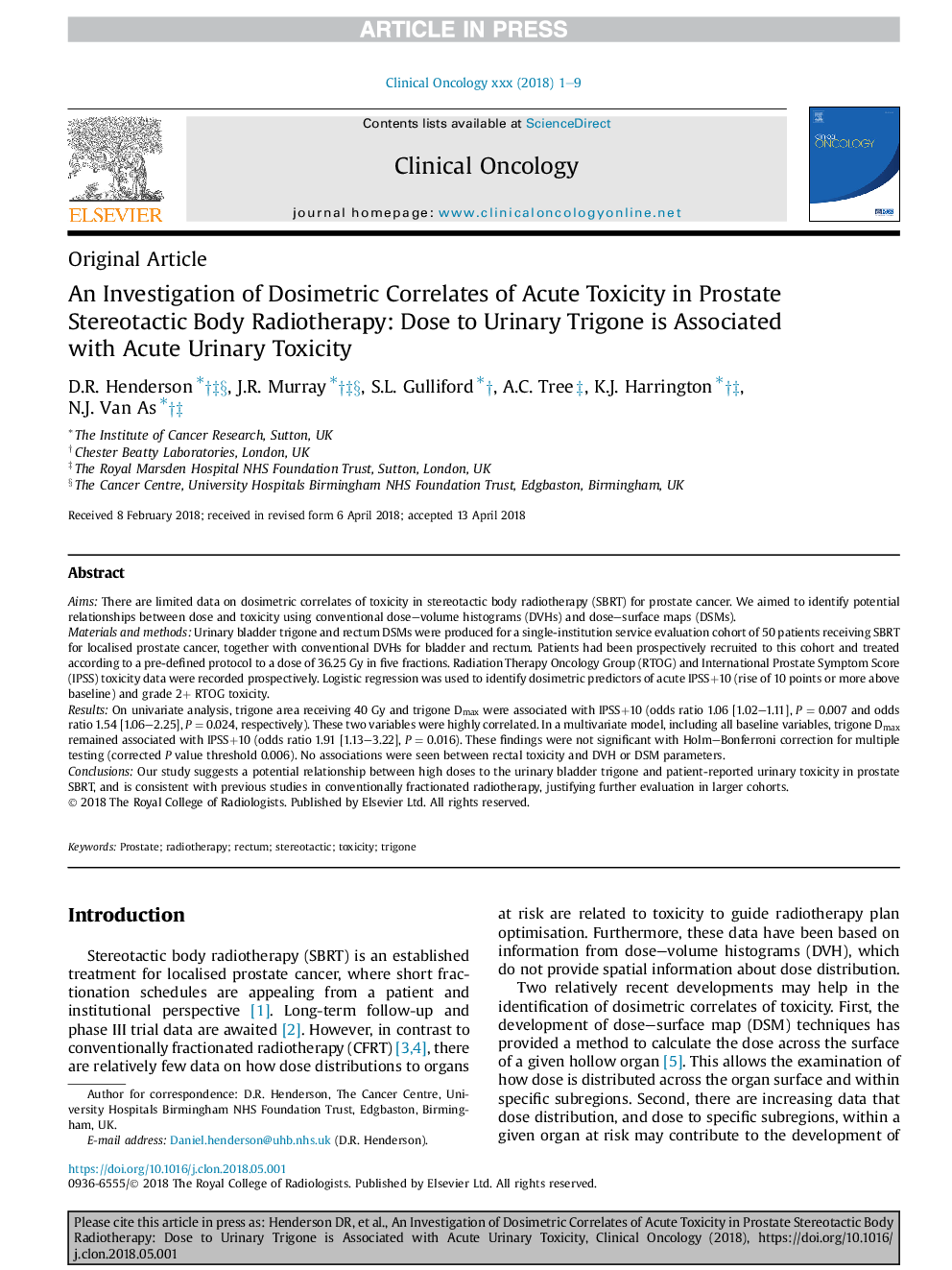 An Investigation of Dosimetric Correlates of Acute Toxicity in Prostate Stereotactic Body Radiotherapy: Dose to Urinary Trigone is Associated with Acute Urinary Toxicity