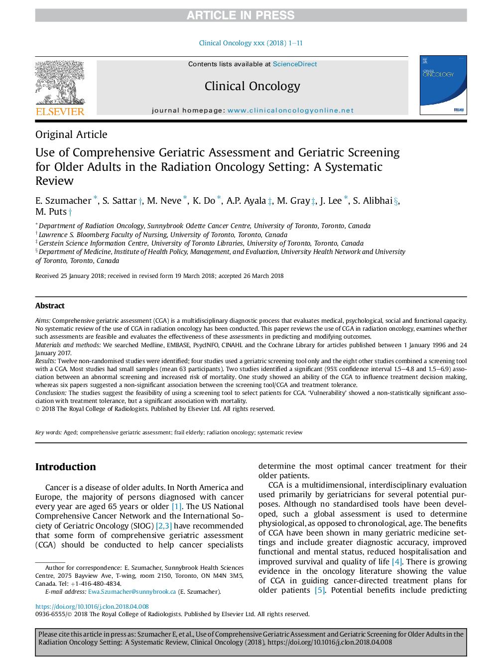 Use of Comprehensive Geriatric Assessment and Geriatric Screening for Older Adults in the Radiation Oncology Setting: A Systematic Review