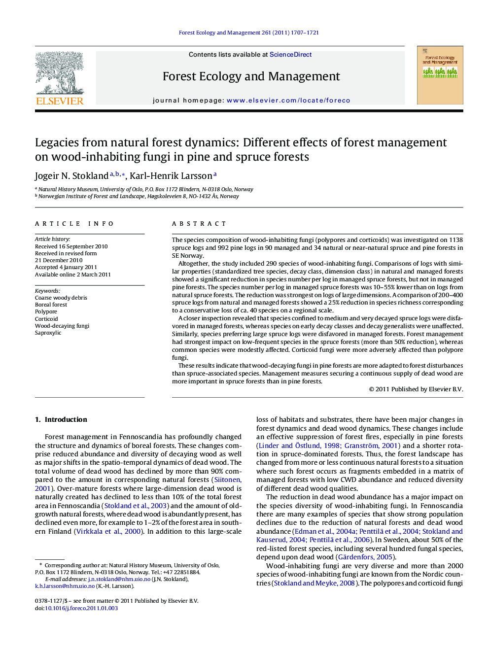 Legacies from natural forest dynamics: Different effects of forest management on wood-inhabiting fungi in pine and spruce forests