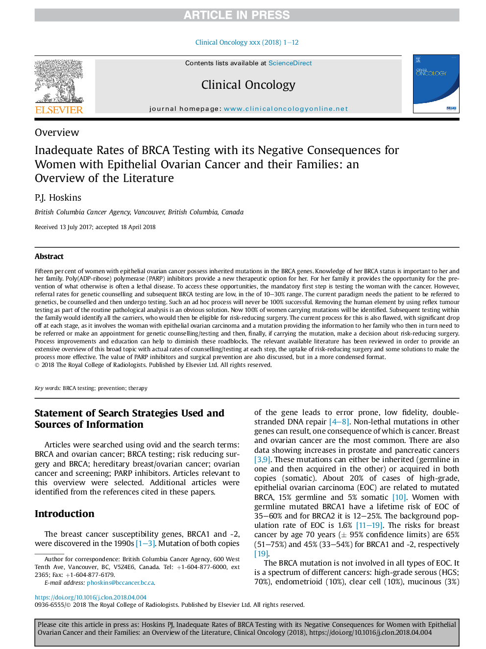 Inadequate Rates of BRCA Testing with its Negative Consequences for Women with Epithelial Ovarian Cancer and their Families: an Overview of the Literature