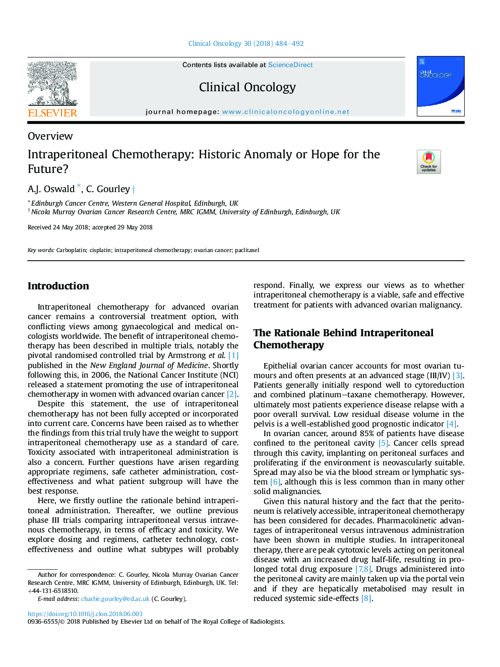 Intraperitoneal Chemotherapy: Historic Anomaly or Hope for the Future?