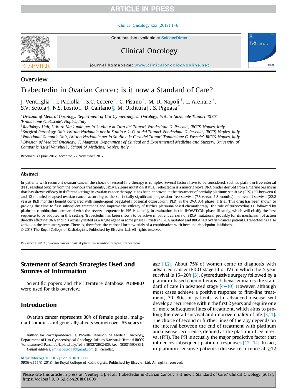 Trabectedin in Ovarian Cancer: is it now a Standard of Care?