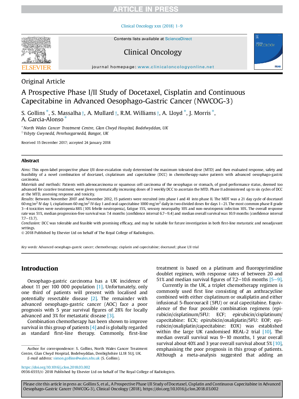 A Prospective Phase I/II Study of Docetaxel, Cisplatin and Continuous Capecitabine in Advanced Oesophago-Gastric Cancer (NWCOG-3)