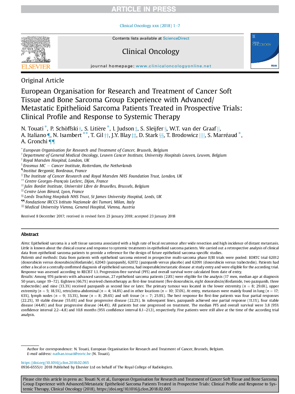 European Organisation for Research and Treatment of Cancer Soft Tissue and Bone Sarcoma Group Experience with Advanced/Metastatic Epithelioid Sarcoma Patients Treated in Prospective Trials: Clinical Profile and Response to Systemic Therapy