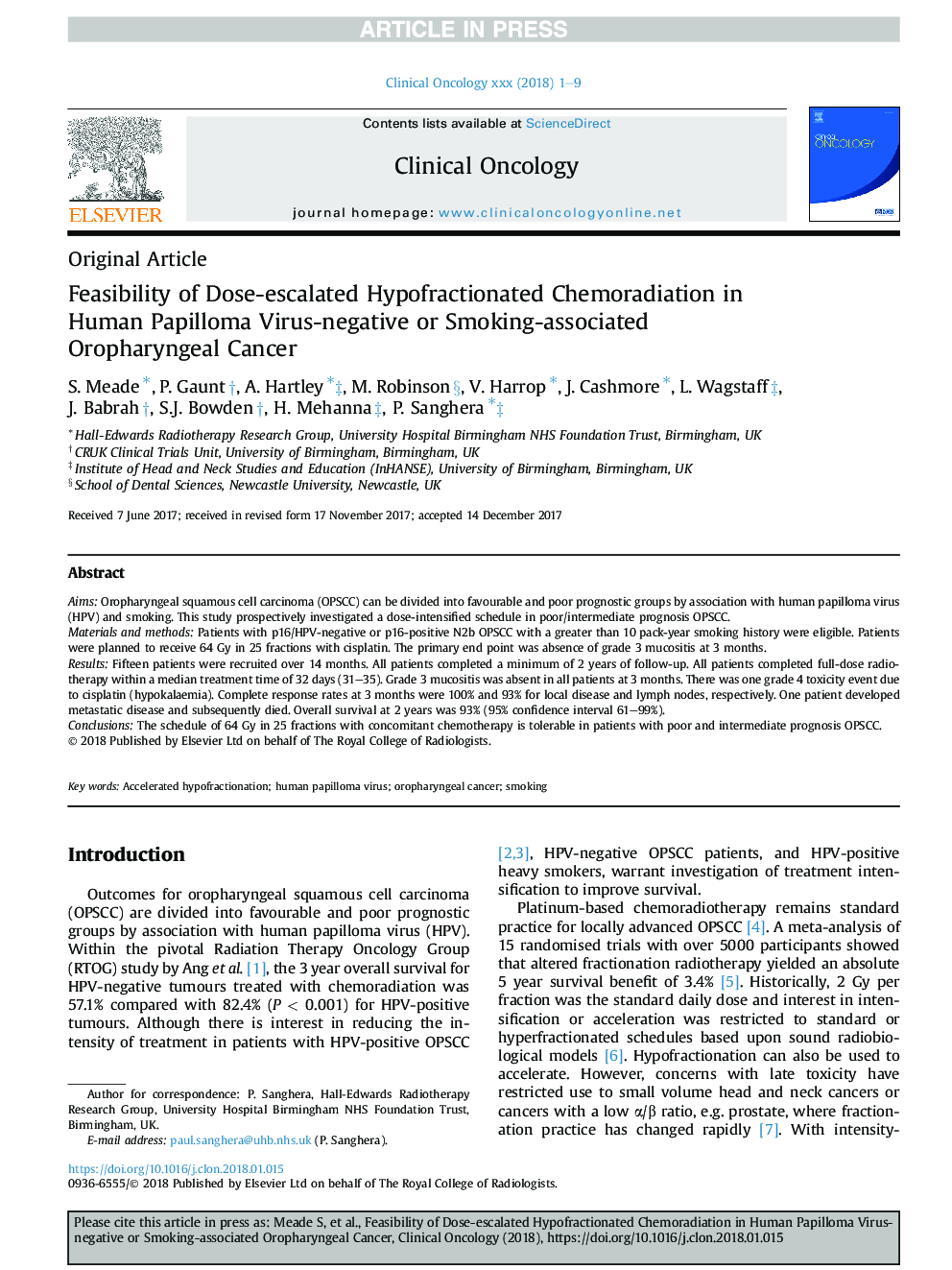 Feasibility of Dose-escalated Hypofractionated Chemoradiation in Human Papilloma Virus-negative or Smoking-associated Oropharyngeal Cancer