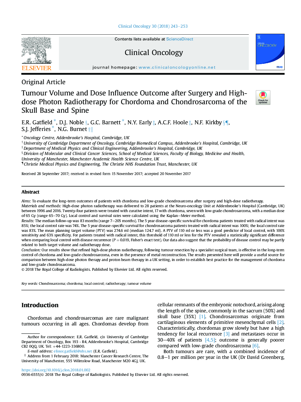 Tumour Volume and Dose Influence Outcome after Surgery and High-dose Photon Radiotherapy for Chordoma and Chondrosarcoma of the Skull Base and Spine