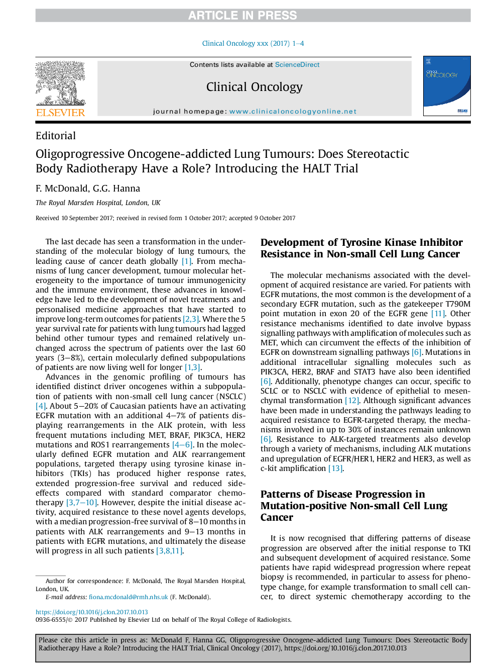 Oligoprogressive Oncogene-addicted Lung Tumours: Does Stereotactic Body Radiotherapy Have a Role? Introducing the HALT Trial