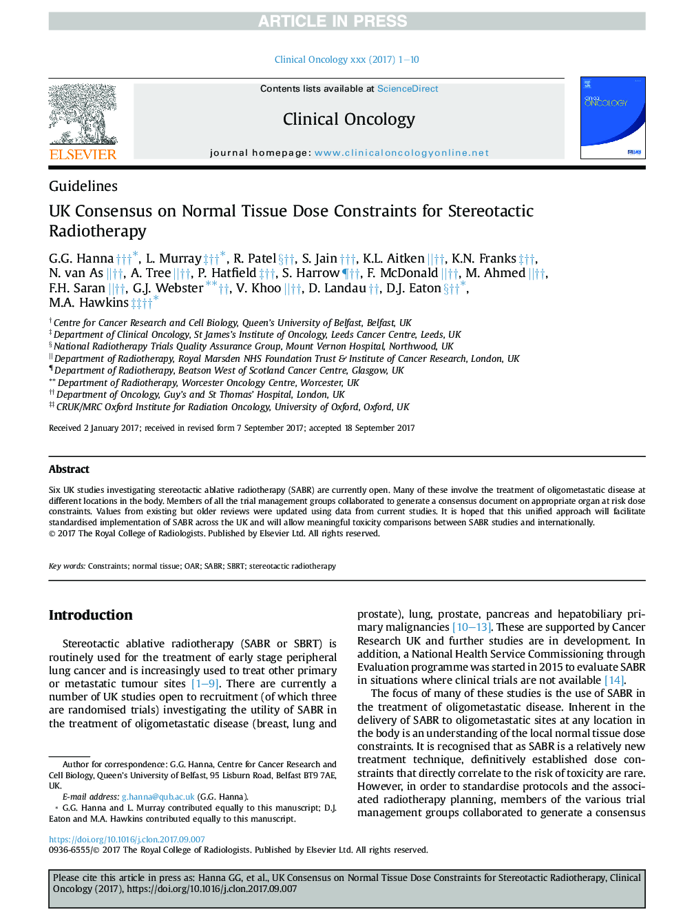 UK Consensus on Normal Tissue Dose Constraints for Stereotactic Radiotherapy