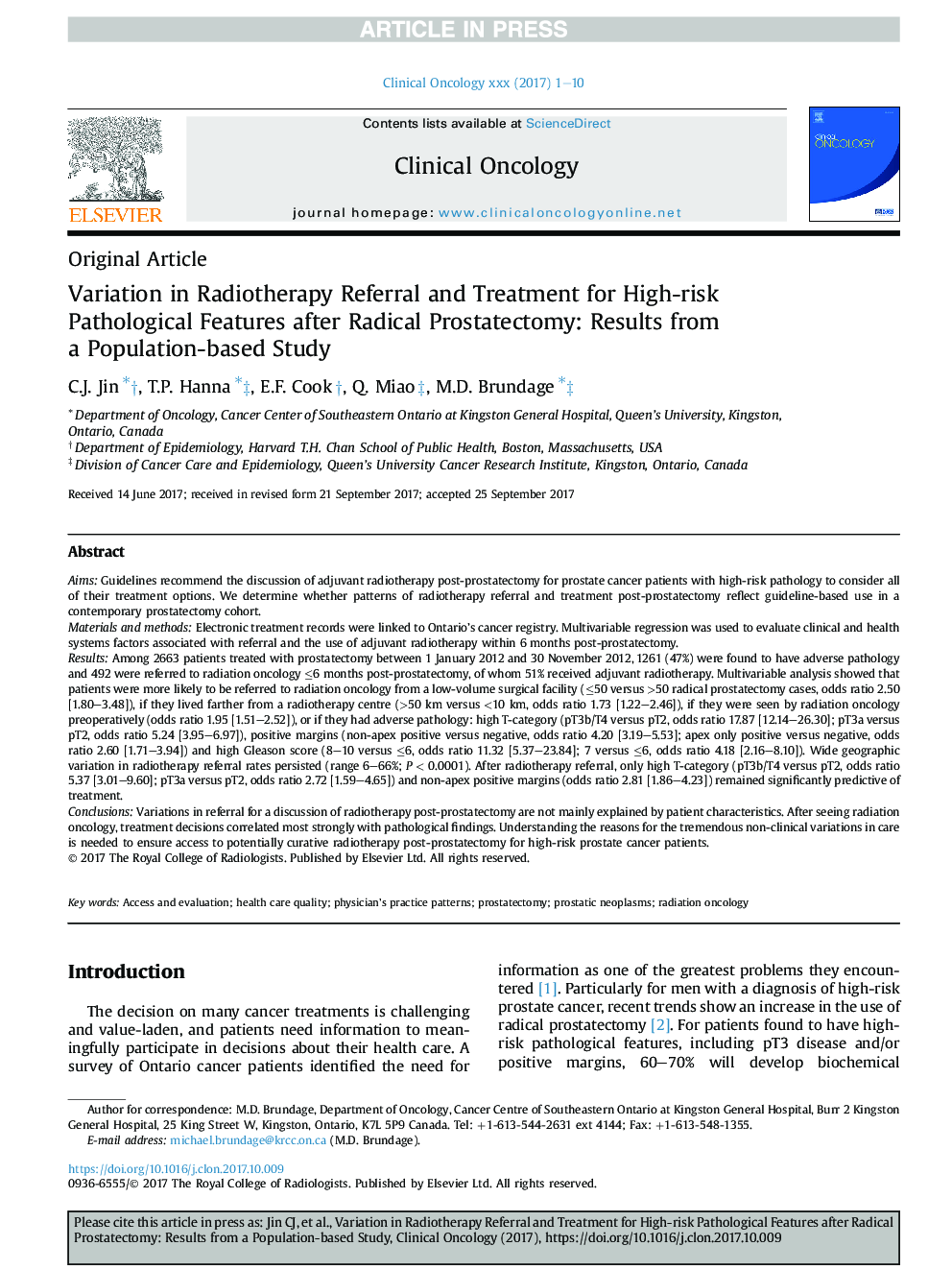 Variation in Radiotherapy Referral and Treatment for High-risk Pathological Features after Radical Prostatectomy: Results from aÂ Population-based Study