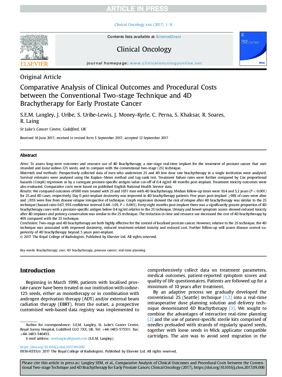 Comparative Analysis of Clinical Outcomes and Procedural Costs between the Conventional Two-stage Technique and 4D Brachytherapy for Early Prostate Cancer