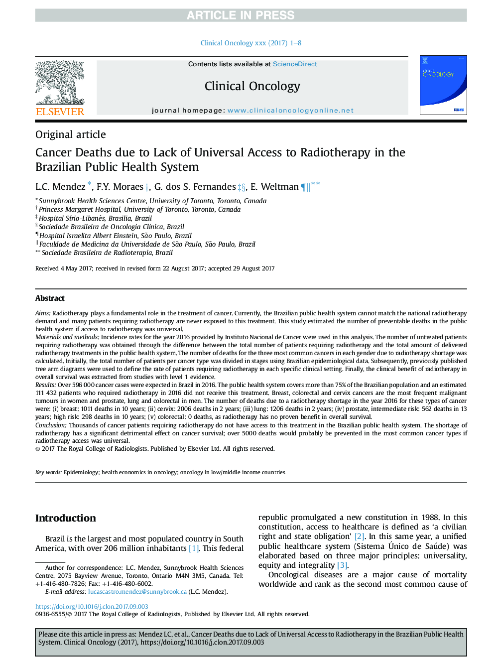 Cancer Deaths due to Lack of Universal Access to Radiotherapy in the Brazilian Public Health System