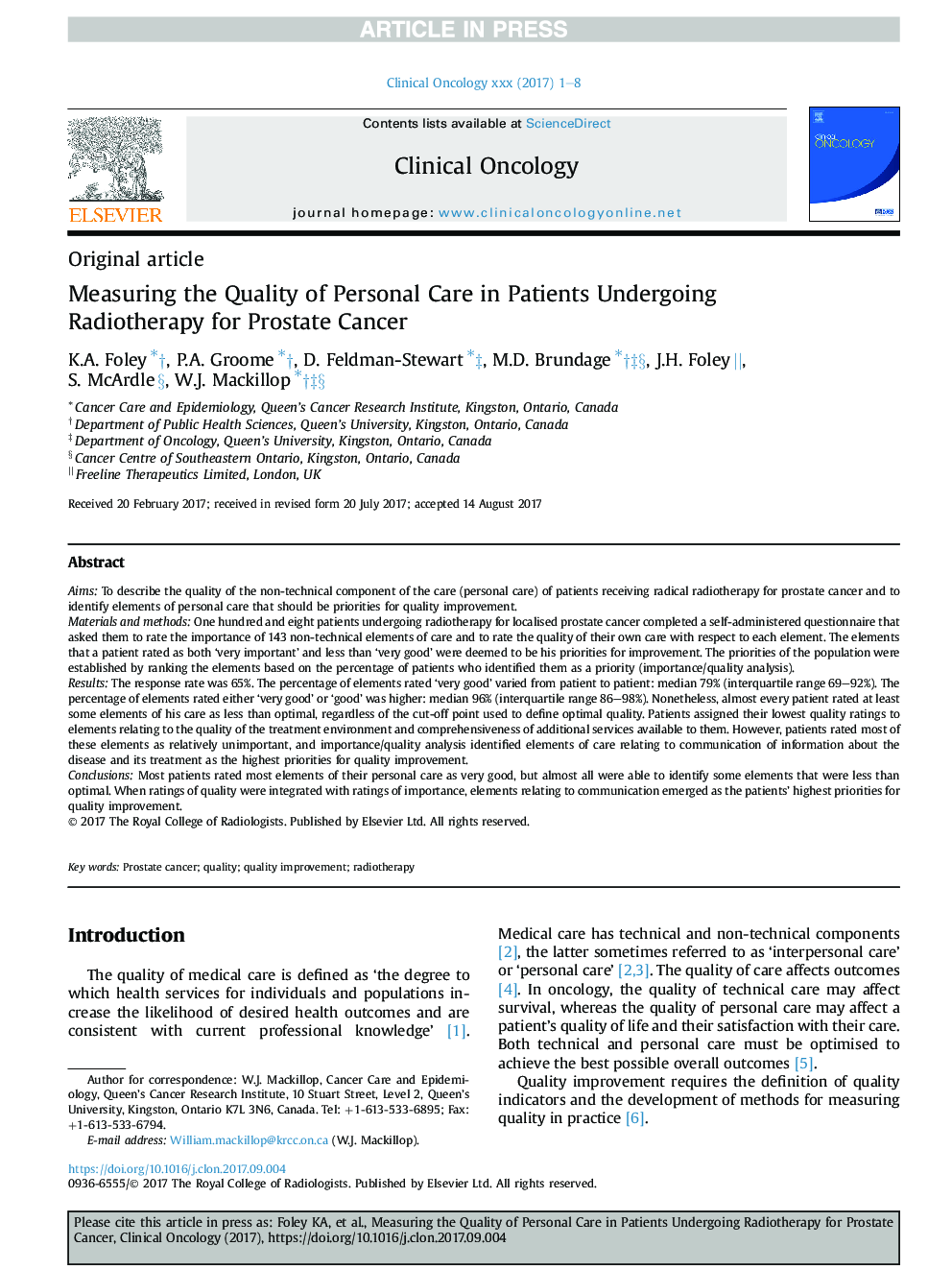 Measuring the Quality of Personal Care in Patients Undergoing Radiotherapy for Prostate Cancer