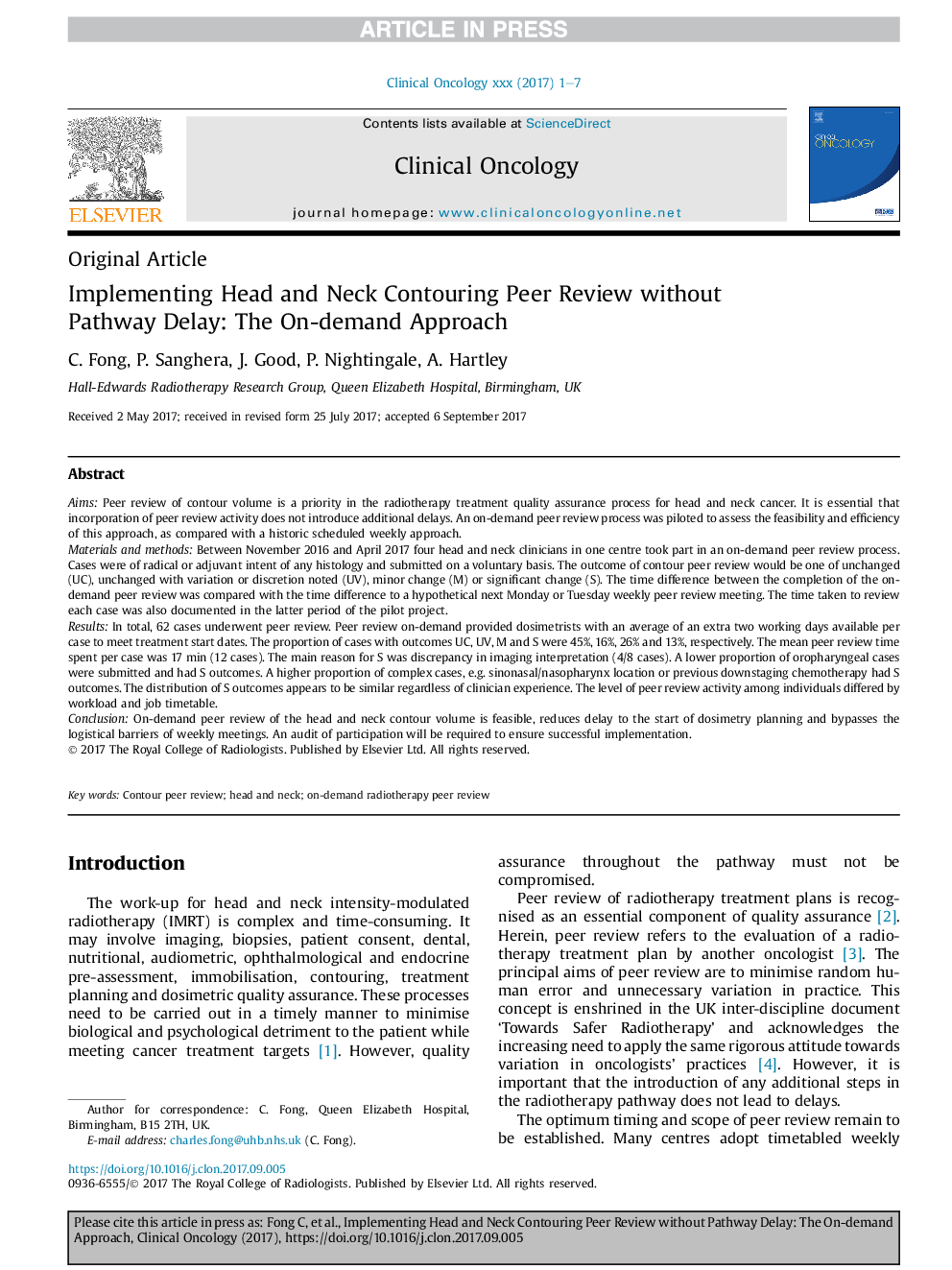 Implementing Head and Neck Contouring Peer Review without Pathway Delay: The On-demand Approach