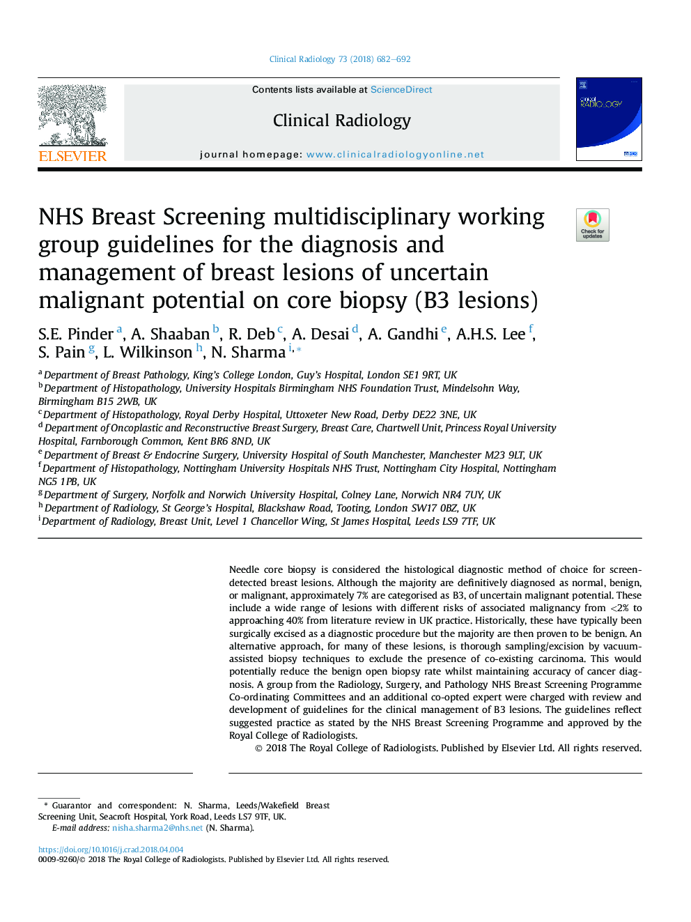 NHS Breast Screening multidisciplinary working group guidelines for the diagnosis and management of breast lesions of uncertain malignant potential on core biopsy (B3 lesions)