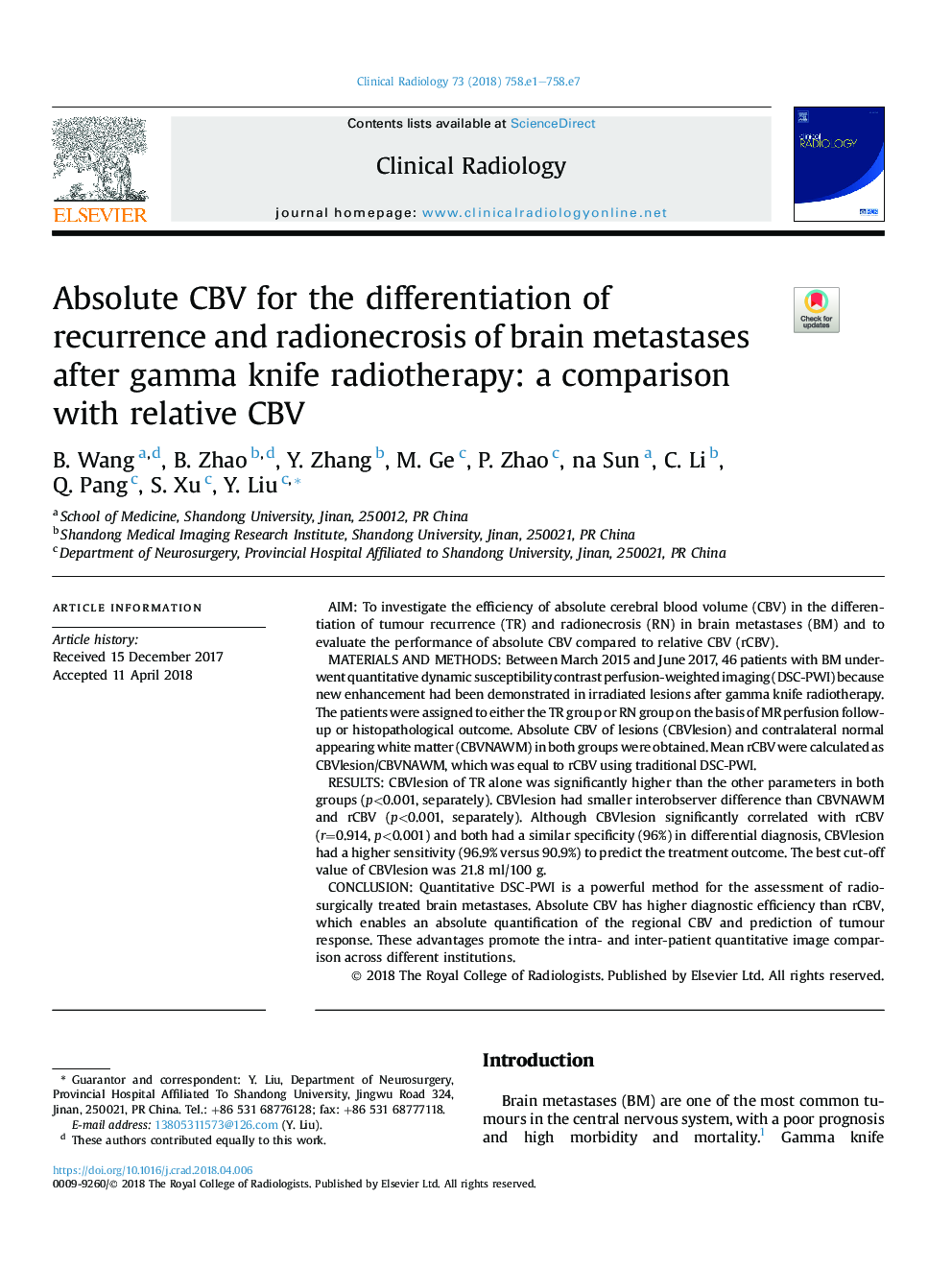 Absolute CBV for the differentiation of recurrence and radionecrosis of brain metastases after gamma knife radiotherapy: a comparison with relative CBV